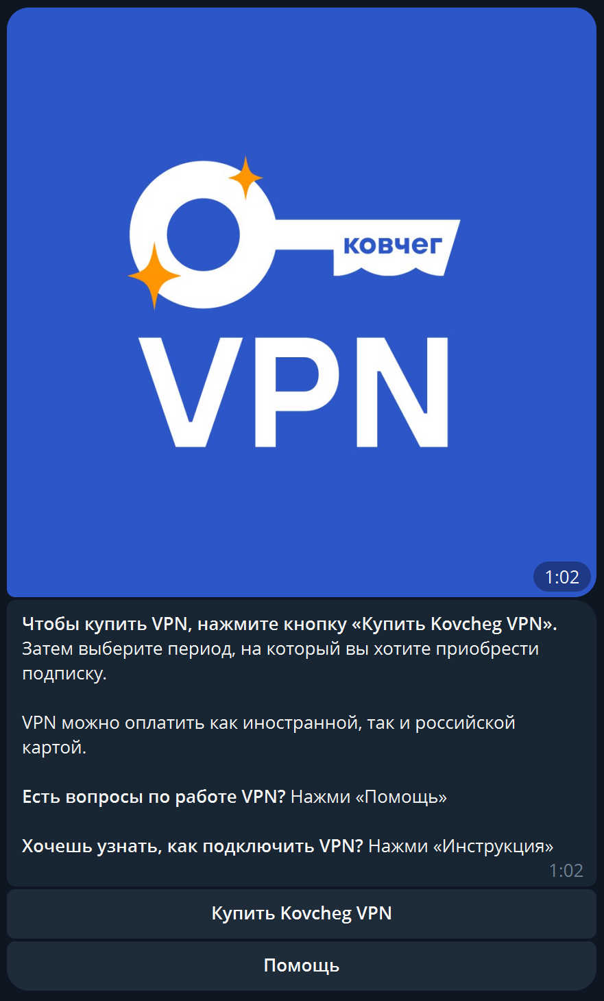 Скриншот телеграм-бота для покупки VPN от «Ковчега»