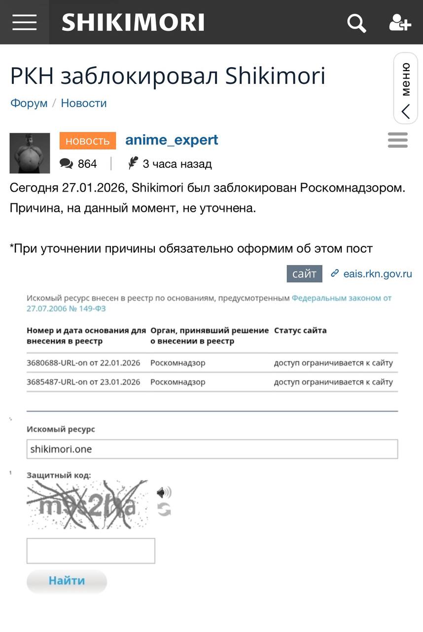 Обложка статьи Роскомнадзор ограничил доступ к сайту с аниме Shikimori