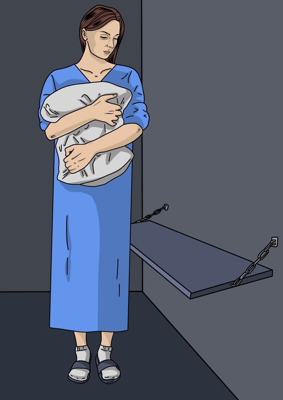 Женщина в ШИЗО. Рисунок: Яна Шалабай